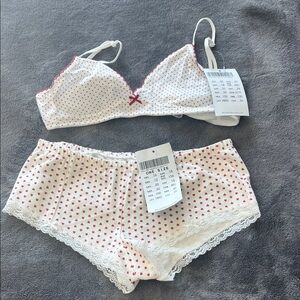 Brandy Melville White and Red Heart Bralette Set